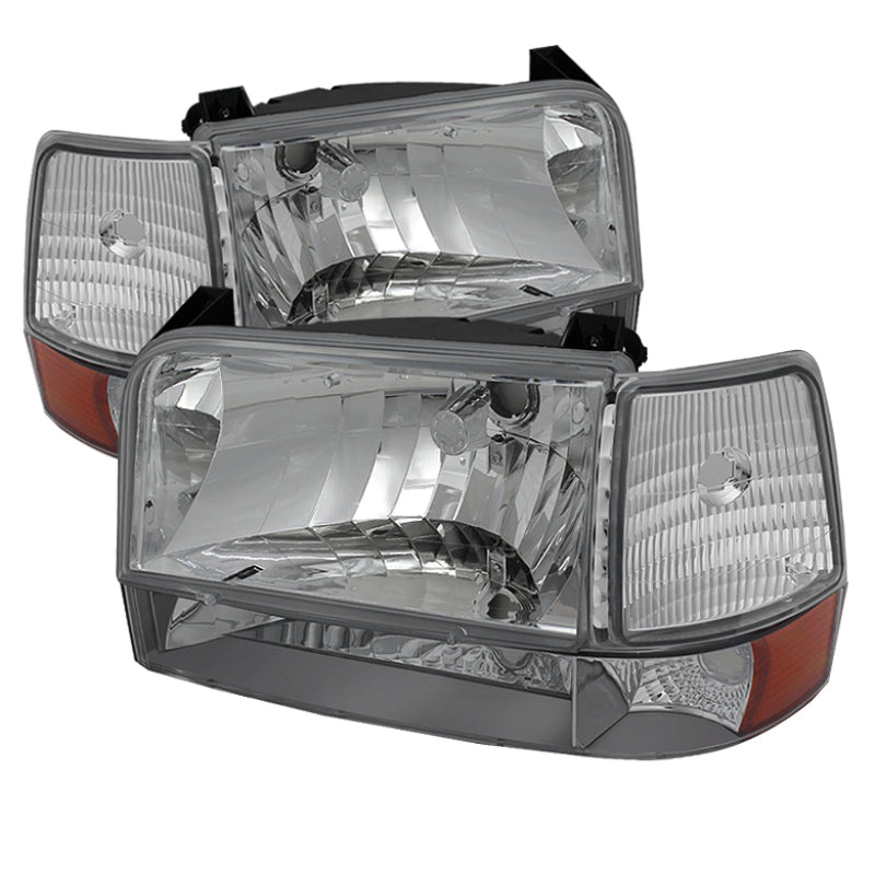 xTune Ford F150/Bronco 92-96 Headlights w/Corner Bumper 6pcs Amber- Chrome HD-JH-FB92-SET-AM-C