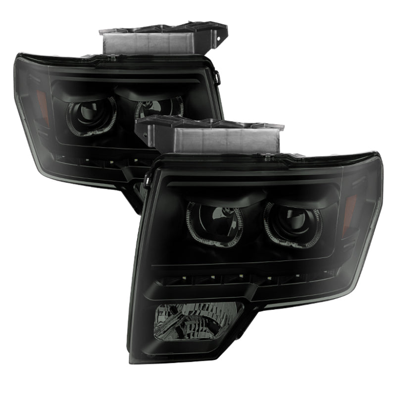 xTune Ford F150 09-14 Projector Headlights Halogen Model LED Halo Black Smoke PRO-JH-FF15009-CFB-BSM