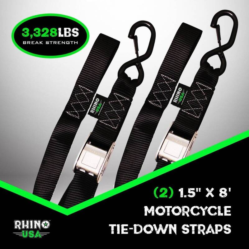 Rhino USA Cambuckle Motorcycle Tiedown Straps 2-Pack (Green) 1.5In X 8Ft